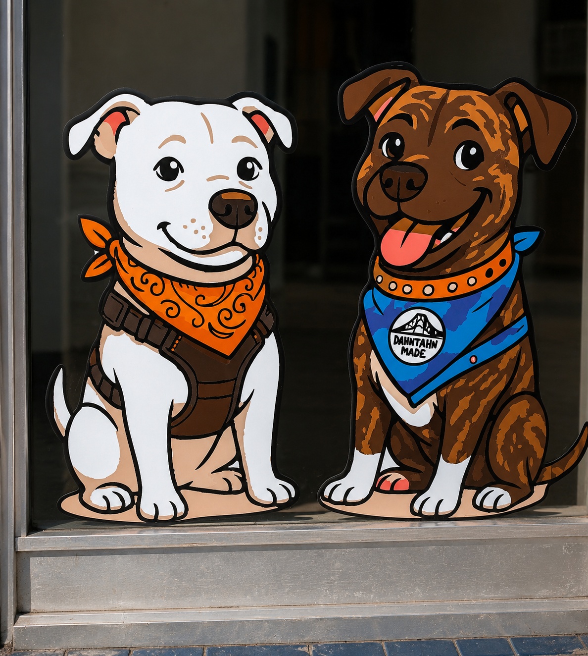 Two custom cartoon shop dog decals installed on a storefront window